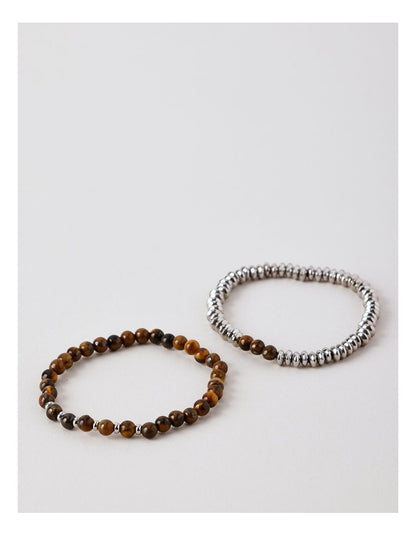 Thin Beaded Bracelet 2Pk in Brown