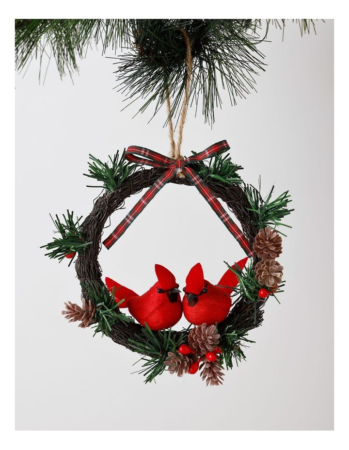 Heirloom Christmas Cardinals on Mini Wreath Ornament 16cm in Red/Green