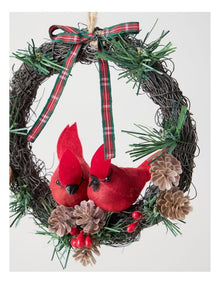 Heirloom Christmas Cardinals on Mini Wreath Ornament 16cm in Red/Green