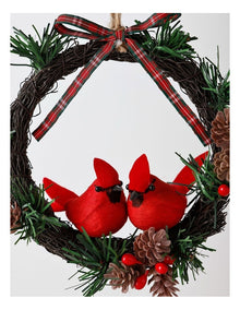 Heirloom Christmas Cardinals on Mini Wreath Ornament 16cm in Red/Green