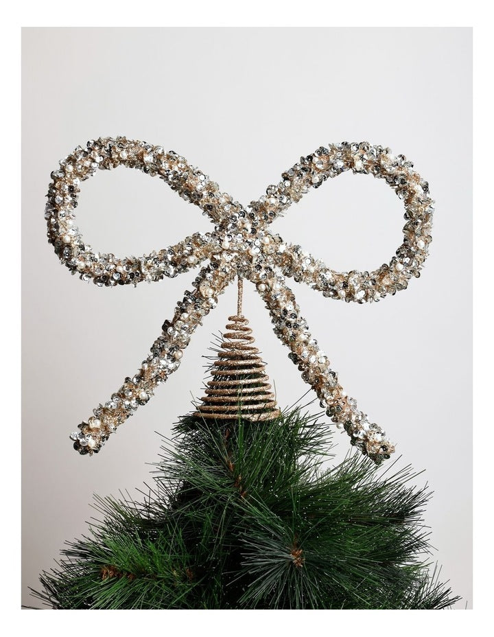 Luxe Christmas Plastic Bow Topper 23cm in Gold/Silver