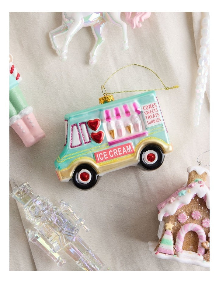 Nostalgia Christmas Glass Ice Cream Truck Ornament 11.5cm in Multicolour