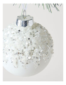 Harvest Christmas Glass Dripped Beaded Bauble Ornament 8cm in White
