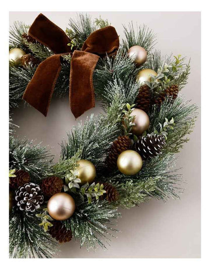 Harvest Christmas Frosted Bauble and Pinecone Wreath 61cm in Natural