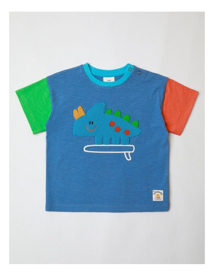 Phil Short Sleeve Spliced Tee With Surfing Dino Boucle In Blue