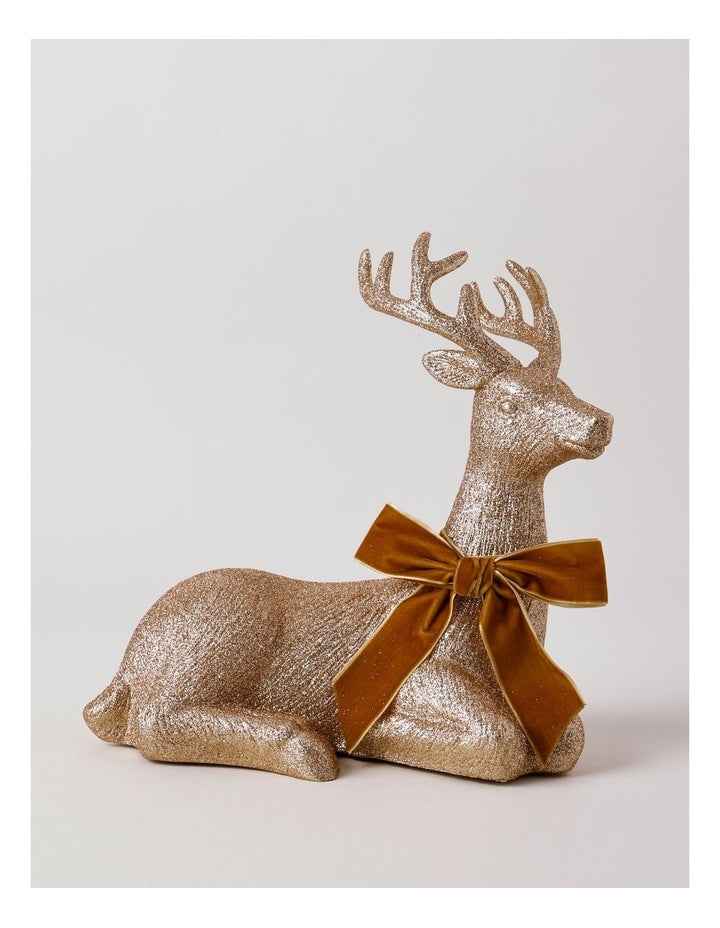 Harvest Christmas Glittered Sitting Reindeer with Brown Bow 31cm in Brown