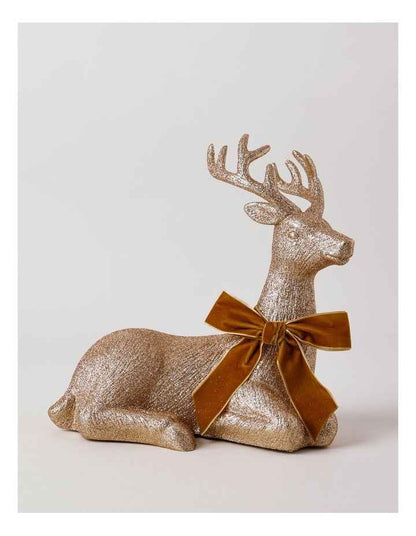 Harvest Christmas Glittered Sitting Reindeer with Brown Bow 31cm in Brown