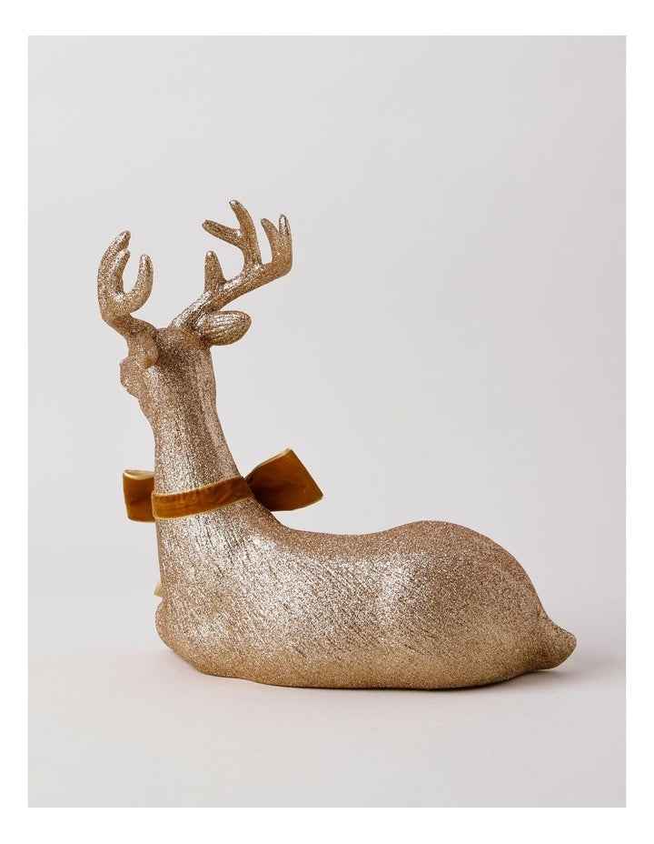 Harvest Christmas Glittered Sitting Reindeer with Brown Bow 31cm in Brown