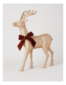 Harvest Christmas Glittered Standing Reindeer with Brown Bow 46cm in Brown