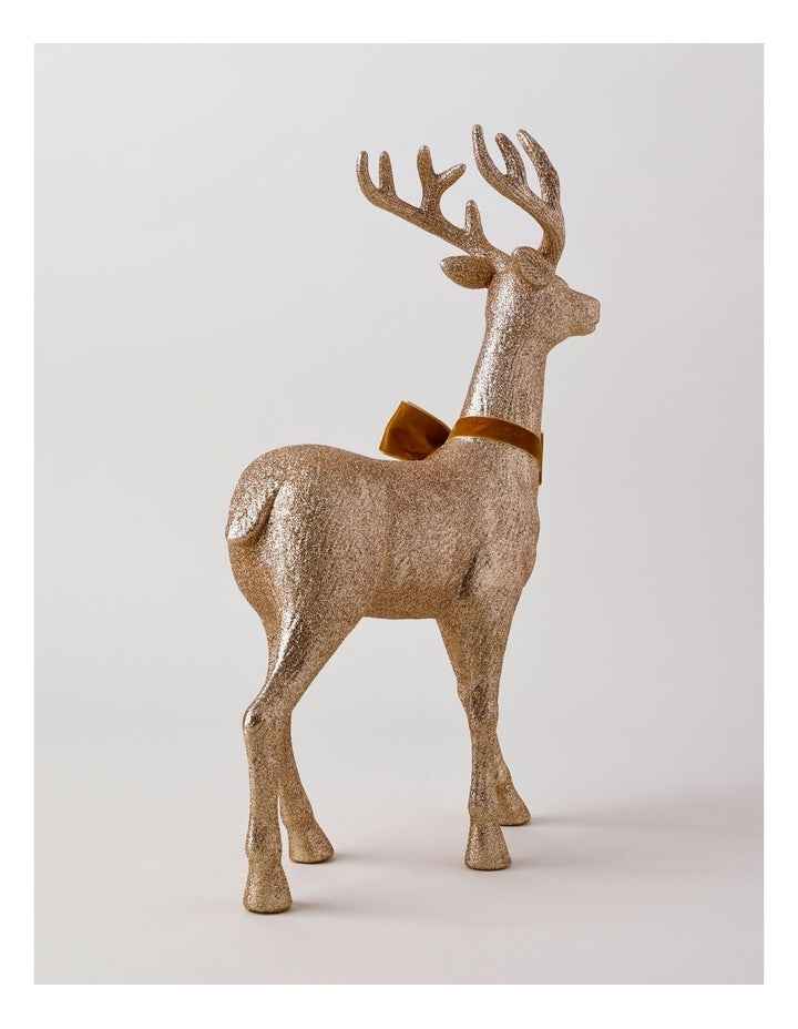 Harvest Christmas Glittered Standing Reindeer with Brown Bow 46cm in Brown