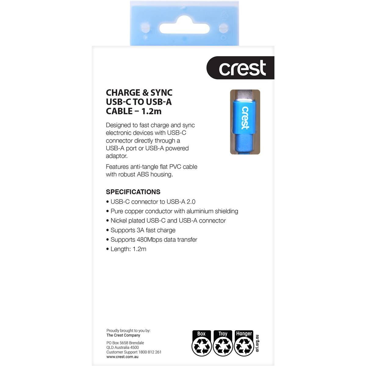 Crest USB-C to USB-A Flat Cable Blue 1.5m each