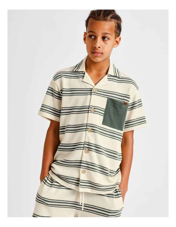 French Terry Resort Shirt in Green Stripe