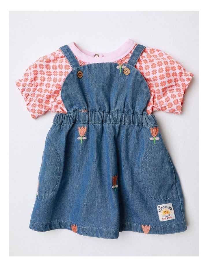 Tallulah Embroidered Denim Pinny And Jersey Tee Set In Denim