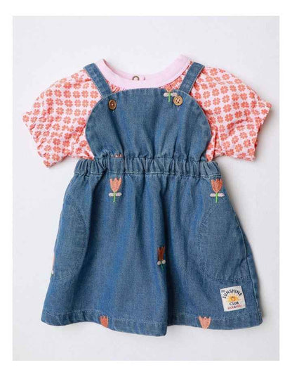 Tallulah Embroidered Denim Pinny And Jersey Tee Set In Denim