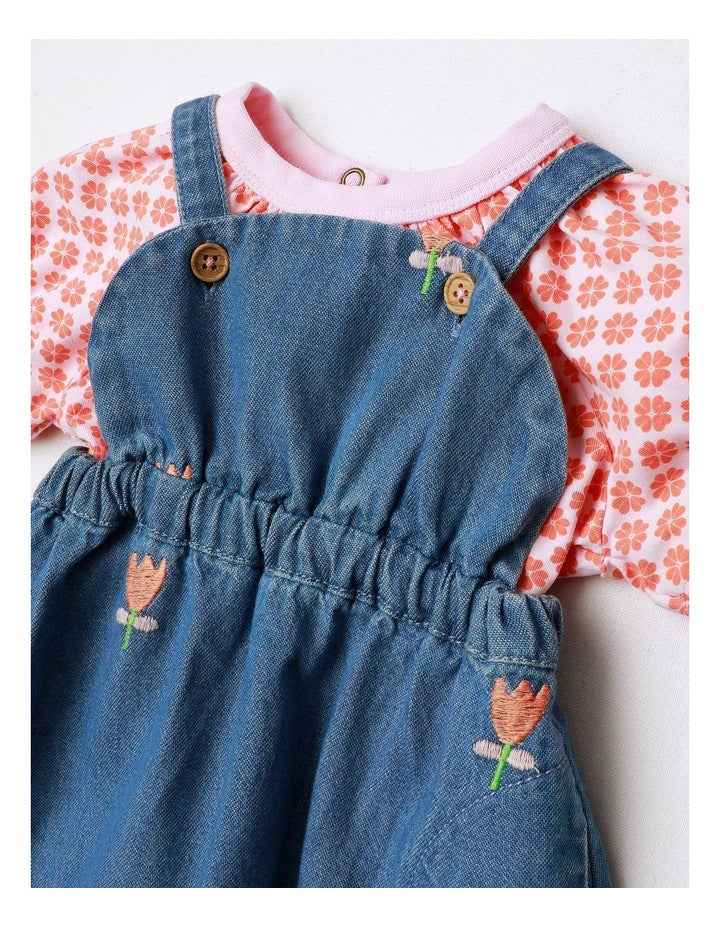 Tallulah Embroidered Denim Pinny And Jersey Tee Set In Denim