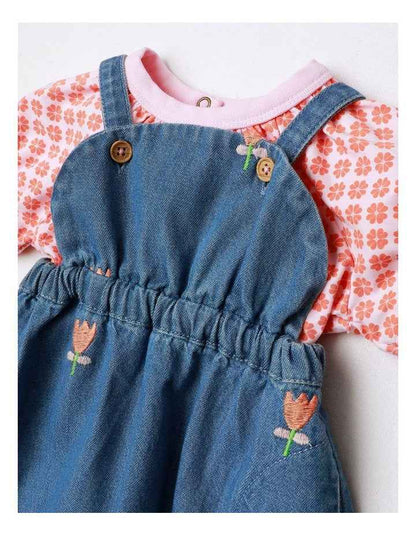 Tallulah Embroidered Denim Pinny And Jersey Tee Set In Denim