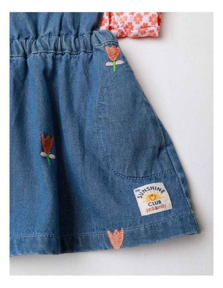 Tallulah Embroidered Denim Pinny And Jersey Tee Set In Denim