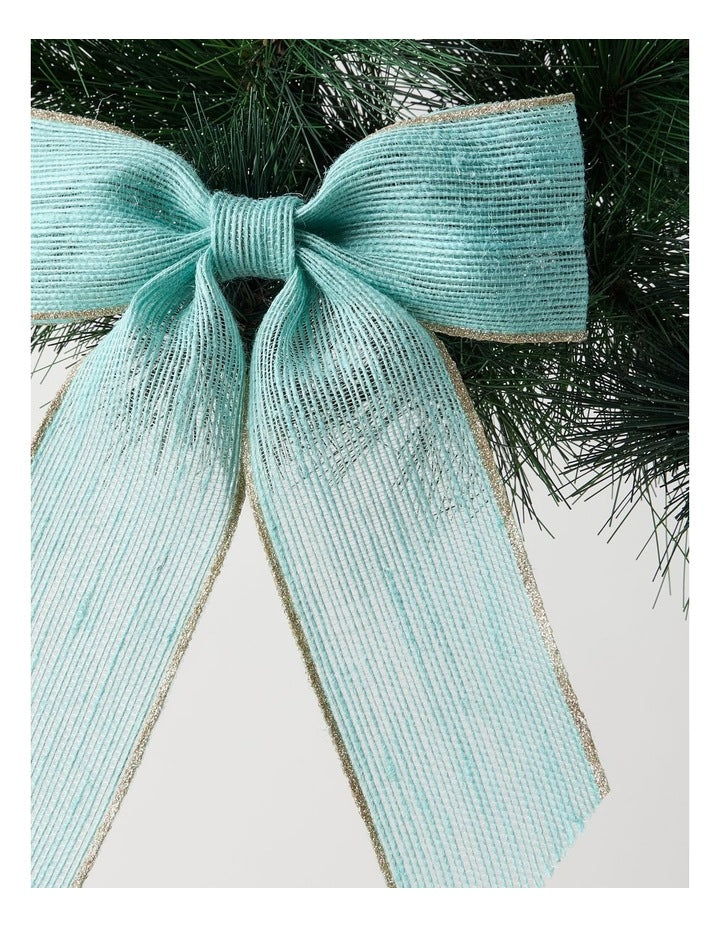Eucalyptus Christmas Fabric Bow with Glitter Trim Clip 23cm in Blue