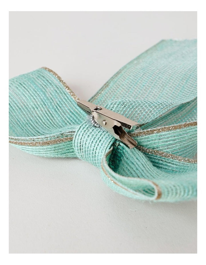 Eucalyptus Christmas Fabric Bow with Glitter Trim Clip 23cm in Blue