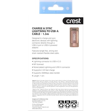 Crest Lightning to USB A Metallic Cable Assorted 1.5m each
