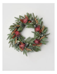 Eucalyptus Christmas Faux Pincushion Wreath 55cm in Green/Pink