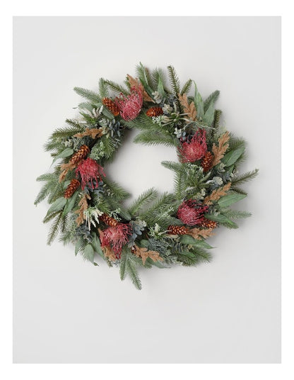 Eucalyptus Christmas Faux Pincushion Wreath 55cm in Green/Pink