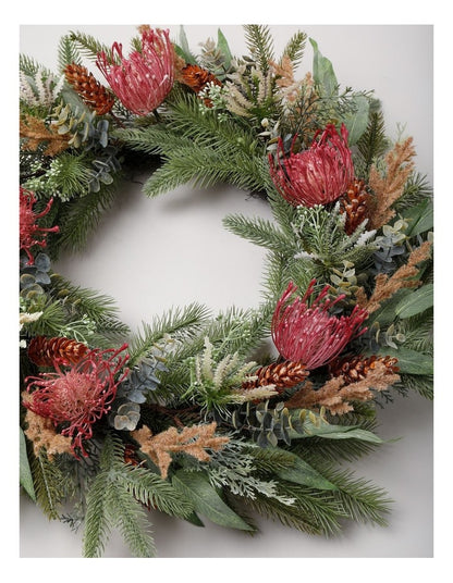 Eucalyptus Christmas Faux Pincushion Wreath 55cm in Green/Pink