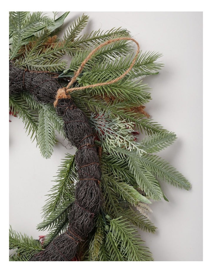 Eucalyptus Christmas Faux Pincushion Wreath 55cm in Green/Pink
