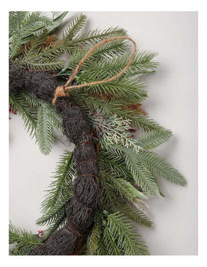 Eucalyptus Christmas Faux Pincushion Wreath 55cm in Green/Pink