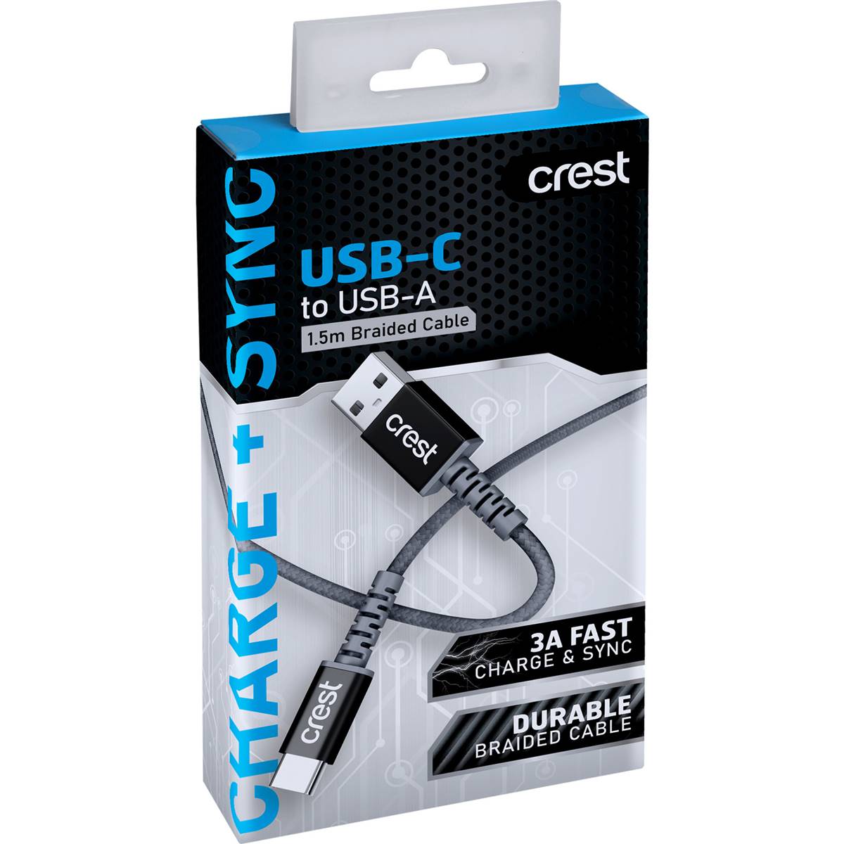 Crest USB-C to USB-A Braided Cable 1.5m Assorted each