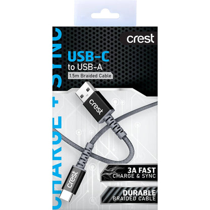 Crest USB-C to USB-A Braided Cable 1.5m Assorted each