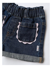 Essentials Izzie Denim Short With Patch Pockets And Ric Rac Trim In Denim