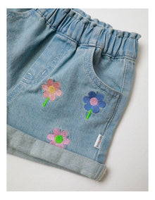 Essentials 'Frankie' Denim Short With Flower Embroidery In Denim