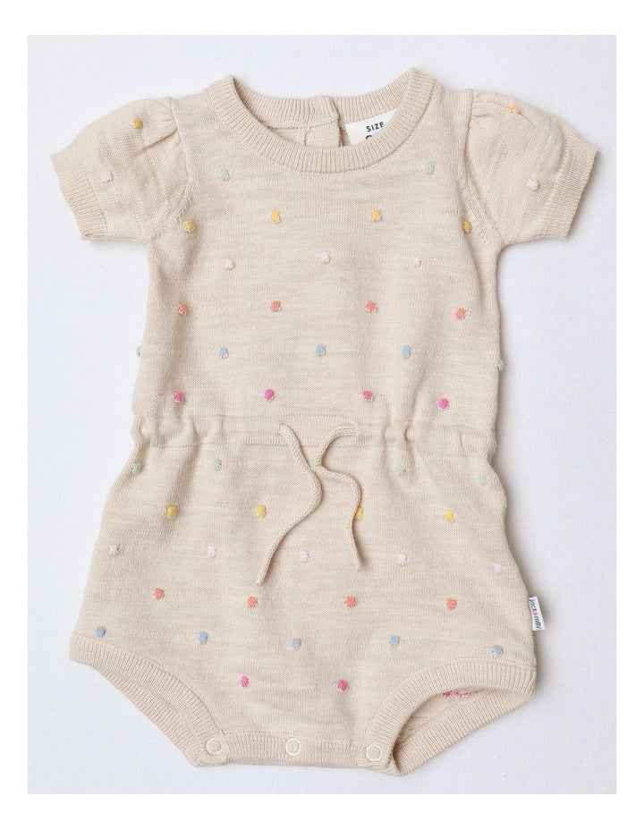 Essentials Florence Knit Romper With Tie Waist In Oatmeal Dots