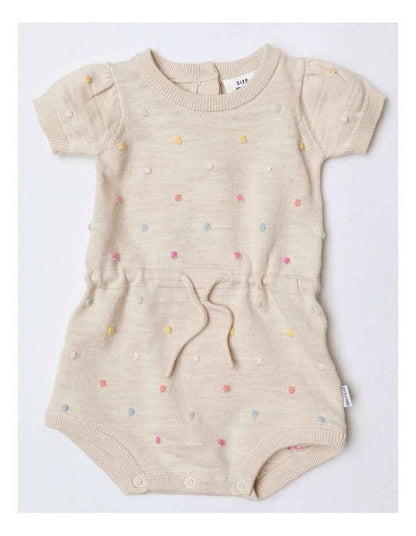 Essentials Florence Knit Romper With Tie Waist In Oatmeal Dots