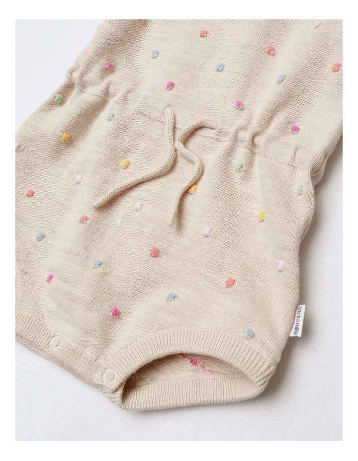 Essentials Florence Knit Romper With Tie Waist In Oatmeal Dots