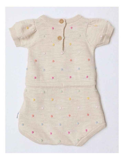 Essentials Florence Knit Romper With Tie Waist In Oatmeal Dots