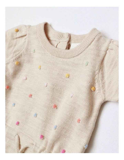 Essentials Florence Knit Romper With Tie Waist In Oatmeal Dots