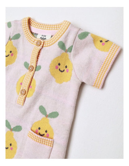 Essentials Louis Jacquard Knit Romper With Lemons In Pink