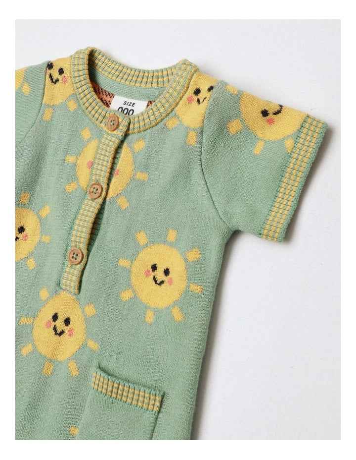 Essentials Louis Knit Romper With Sunny Face In Sage
