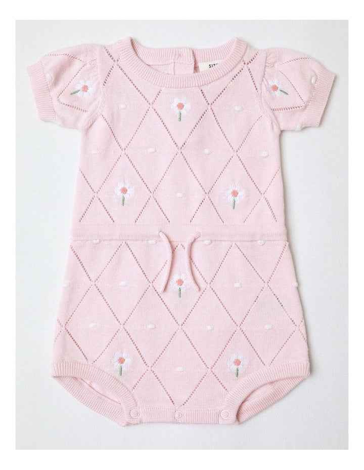 Essentials Flora Pointelle Knit Short Sleeve Romper In Dusty Pink