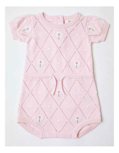 Essentials Flora Pointelle Knit Short Sleeve Romper In Dusty Pink
