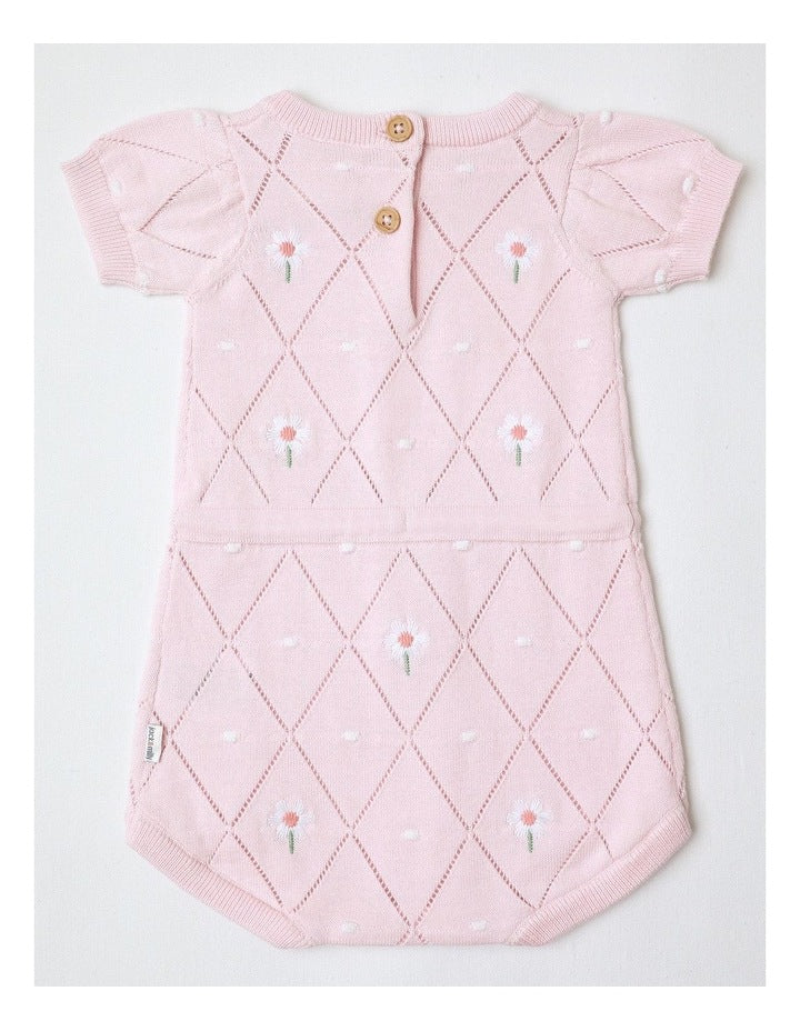 Essentials Flora Pointelle Knit Short Sleeve Romper In Dusty Pink