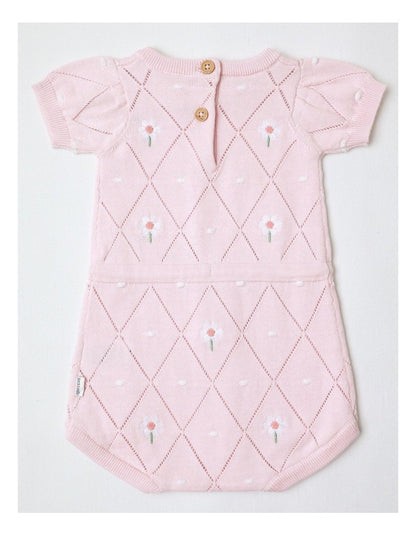 Essentials Flora Pointelle Knit Short Sleeve Romper In Dusty Pink