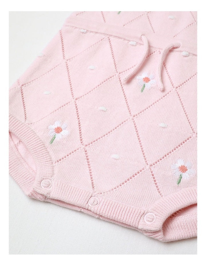 Essentials Flora Pointelle Knit Short Sleeve Romper In Dusty Pink