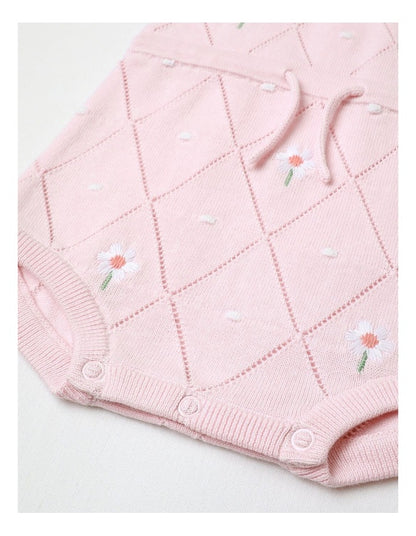 Essentials Flora Pointelle Knit Short Sleeve Romper In Dusty Pink