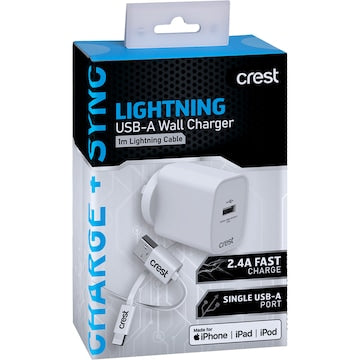 Crest Lightning USB-A Wall Charger & Cable 1m each