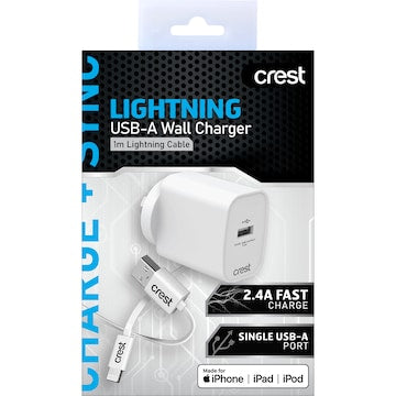 Crest Lightning USB-A Wall Charger & Cable 1m each