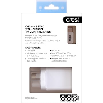 Crest Lightning USB-A Wall Charger & Cable 1m each