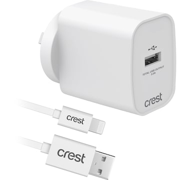 Crest Lightning USB-A Wall Charger & Cable 1m each